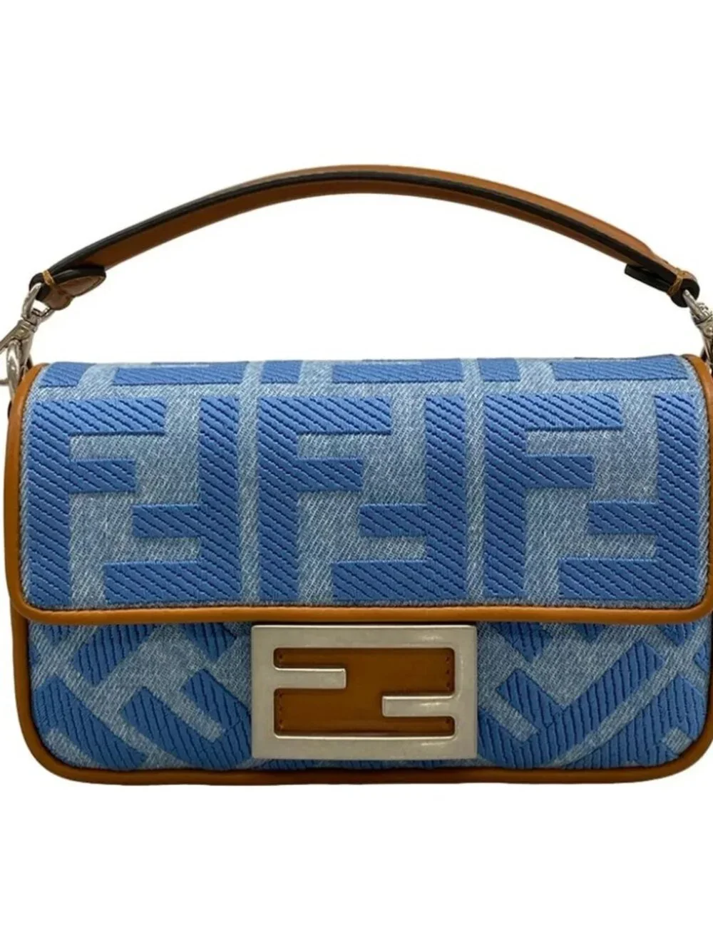FENDI Baguette Mini 8BS017-AP4N Light Blue Brown Jacquard Leather Handbag